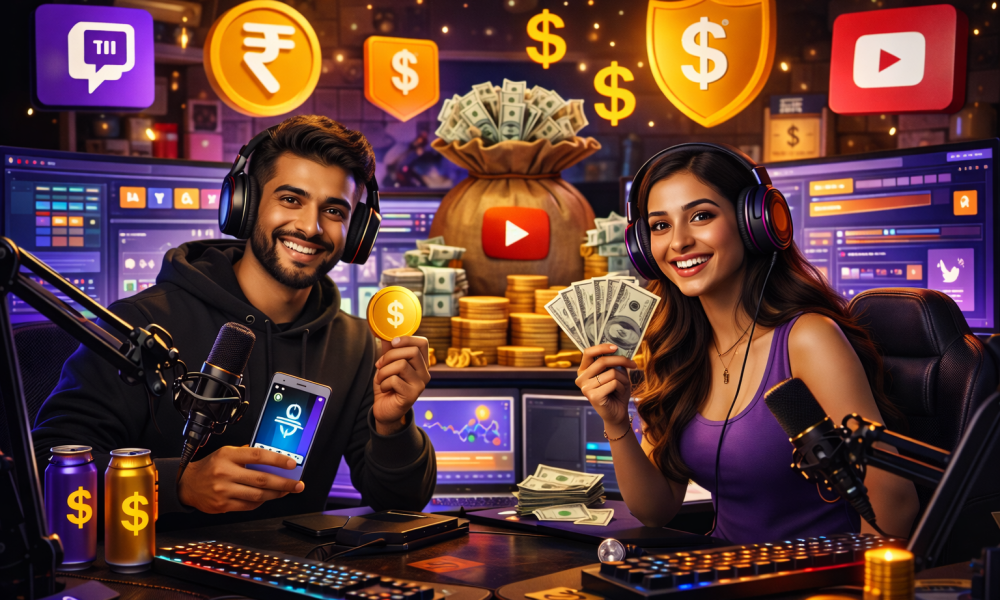 Generate seo title (70 chars), meta description (140 chars) and meta tags with comma separated and excerpt, slug for this title Ways Indian gaming creators can earn via ads, affiliate marketing, sponsorships, and memberships (2026 guide)